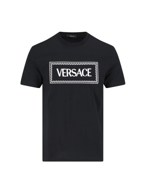 Versace Black Crewneck T-shirt With Contrasting Logo Lettering Print In Cotton Man - 1B000 - 1011694-A08584_1B000