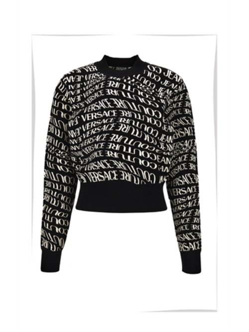 Versace Black Cropped Sweater With Contrast Logo Pattern - 79HAF20-MCMH4_7899
