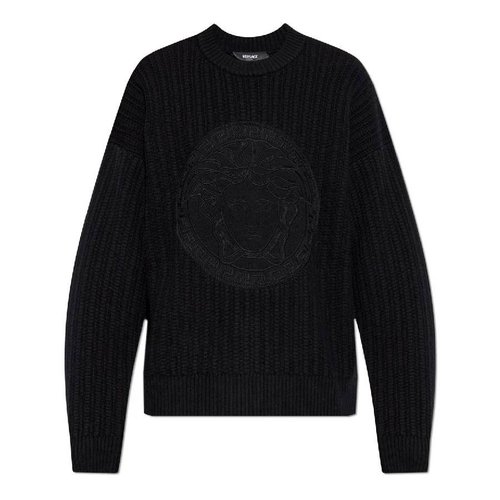 Versace Cable Knit Medusa Embroidered Sweater - Black - 1018402-1A12939-BLACK