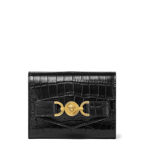Versace Croc-Effect Medusa '95 Trifold Wallet - Black/Gold Tone - 1014689-1A08724-BLACK-VERSACE GOLD X