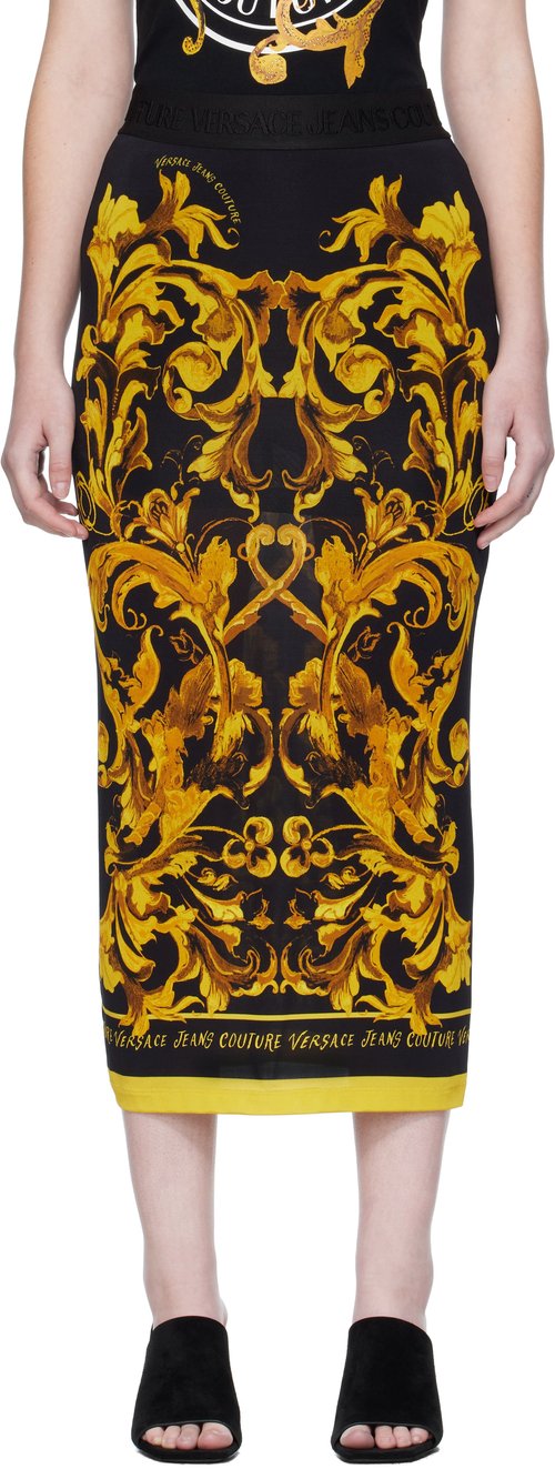 Versace Jeans Couture Black & Yellow Porcelain Barocco Midi Skirt - Eg89 Black/Gold - E79HAE8-P6_EJ_S523