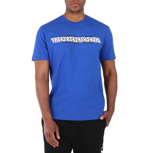 Versace La Greca Logo Print Short Sleeve Cotton T-Shirt - Blue - 1006441-1A04408-1UC30