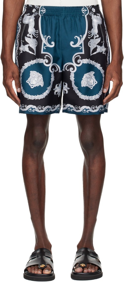 Versacelack & Navy Printed Silk Twill Slim Shorts - B - 1022225-1A1609_5BE50