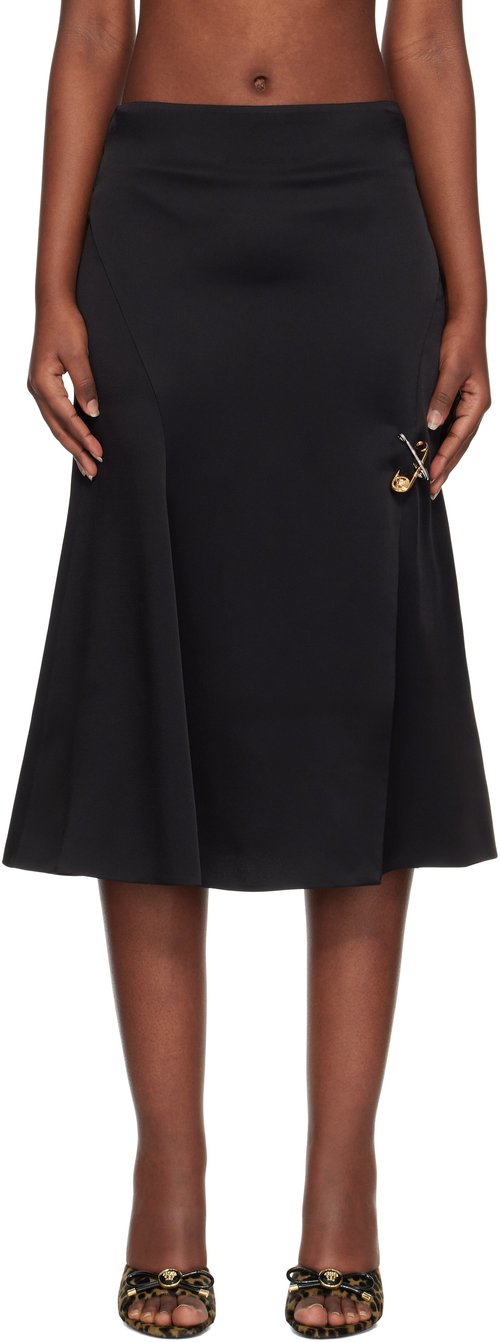 Versacelack Safety Pin Flowy Satin Midi Skirt - B-Black - 1018937_1A10194_1B0001000