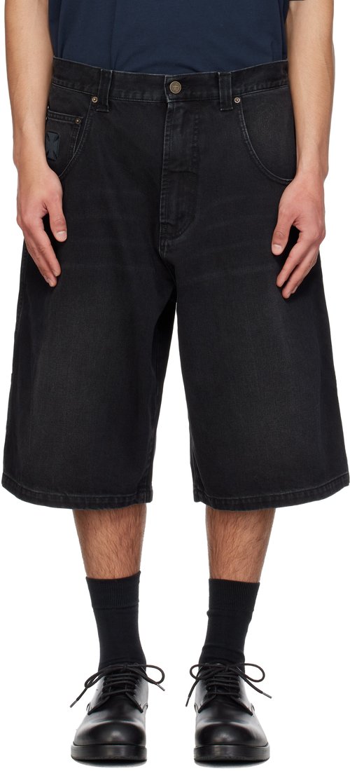 VETEMENTS Black Appliqué Biker Cross Hip-Hop Denim Shorts - Washed Black - ME76DP095B1