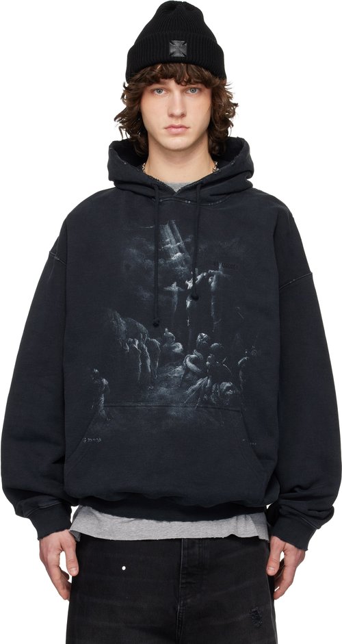 VETEMENTS Jesus On A Cross Distressed Hoodie - Washed Out Black - ME76HD192BX