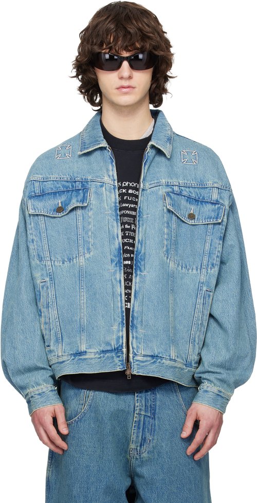 VETEMENTS Blue Biker Crosses Denim Jacket - Vintage Mid Blue - ME76DJ063N1
