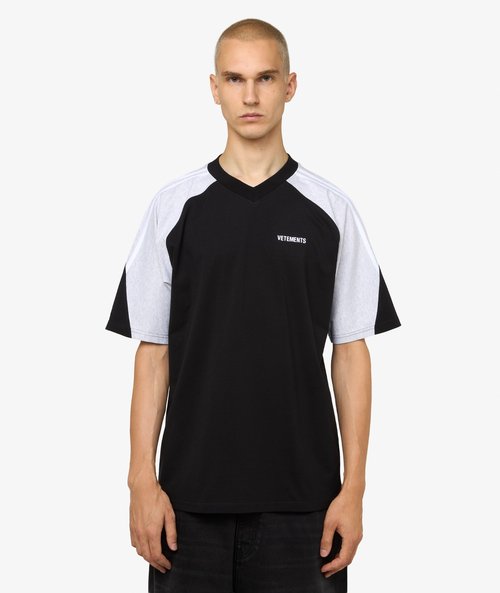 VETEMENTS CutUp VNeck T-Shirt - Black/Gey Melange - UH76TR265BG