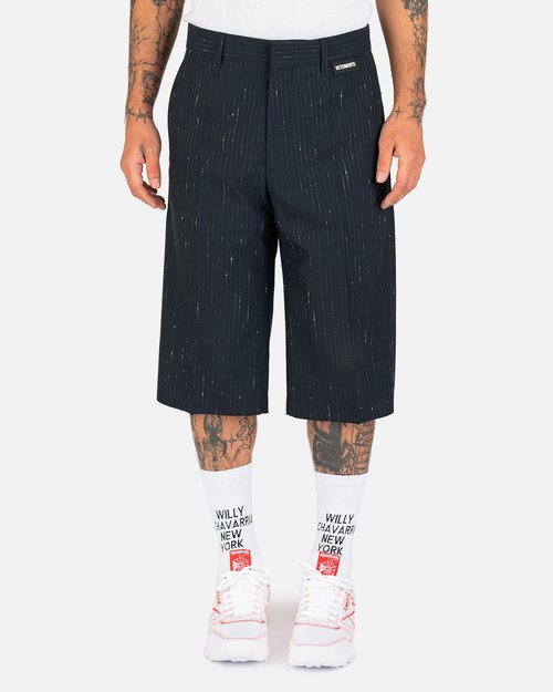 VETEMENTS Destroyed Pinstripe Tailored Shorts - Navy - ME52PA100N