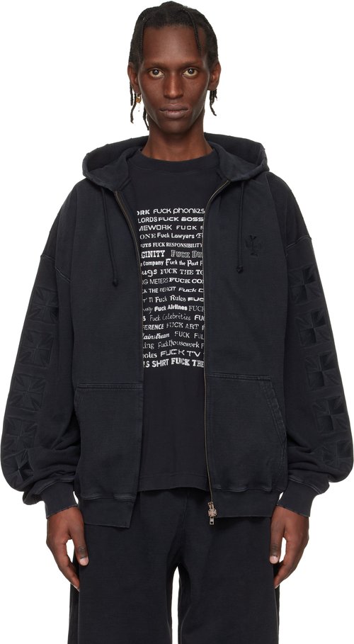 VETEMENTS Embroidered Biker Cross Sleeve Zip-Up Hoodie - Black - ME76ZU169B