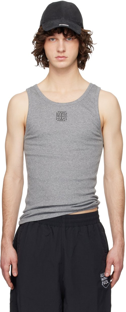 VETEMENTS Gray Biker Cross Logo Tank Top - Grey Melange - ME76TT157G