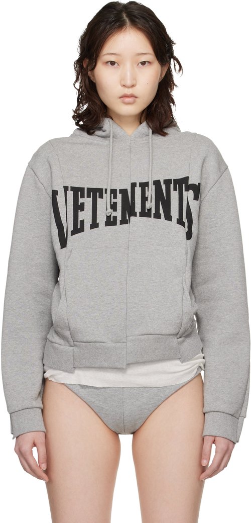 VETEMENTS Cut-Up Logo Fitted Hoodie - Grey Melange - WE76HD506G