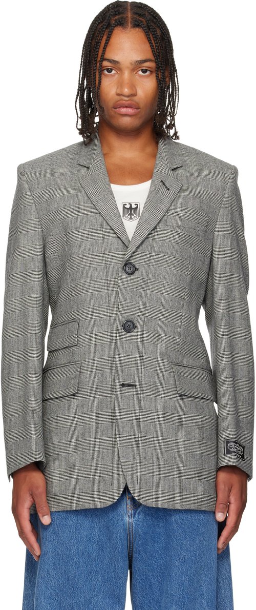 VETEMENTS Gray Fitted Zip Tailored Blazer - Grey Check - UH76TJ500GC