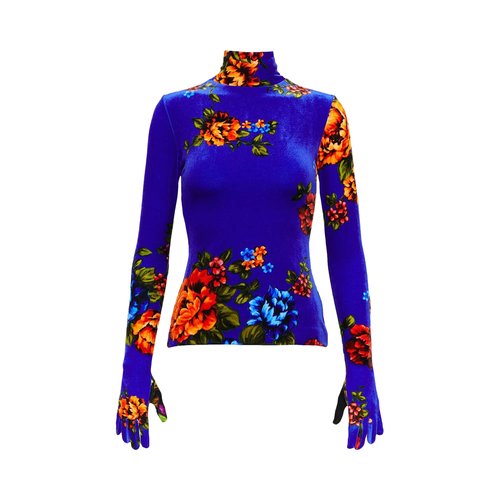 VETEMENTS Velvet Flower Styling Top With Gloves | Blue | Size XS - UE54TO100F
