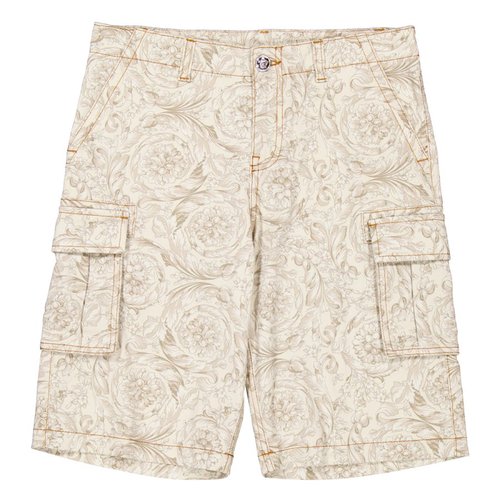 Young Versace Barocco-Print Denim Cargo Shorts - Beige/Blue - 1013821-1A09725-5K380