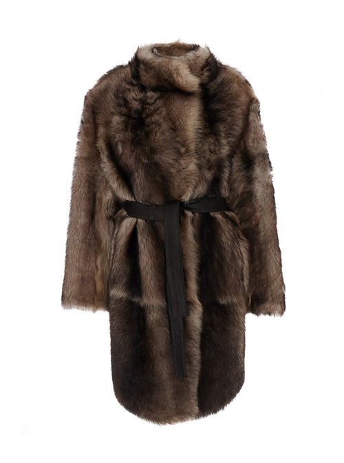 Yves Salomon Brown Shearling Coat with High Neck and Front Belt Closure in Fur Jackets Furs - 26W23WYM60695TOSXB3232